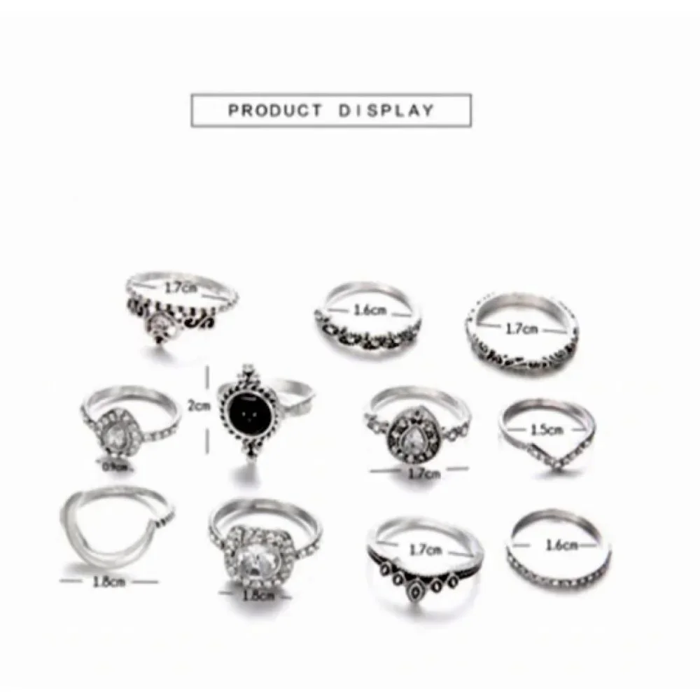 11 Piece‎ Boho Silver Crystal Moon Pendant Filigree Stackable Ring Set Gothic - Picture 4 of 5